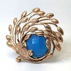 New Blue Agate Rose Gold on Stainless Steel Peacock Feather Ring Sz 9